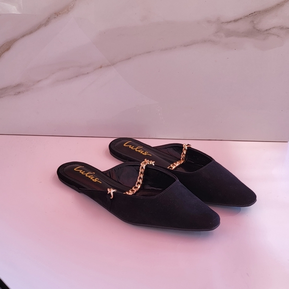 LULU'S Lavareta Black Suede Chain Pointed-Toe Loafer Slides 8.5 - Picture 13 of 14
